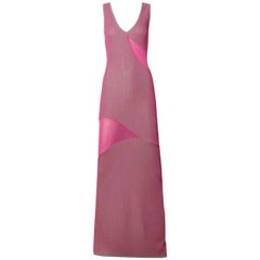 Herve Leger 1990s 90s Pink + Gray Knit Cut Out Sheer Mesh Bandage Maxi Dress