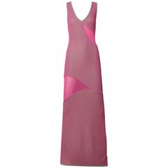 Herve Leger 1990s 90s Pink + Gray Knit Cut Out Sheer Mesh Bandage Maxi Dress