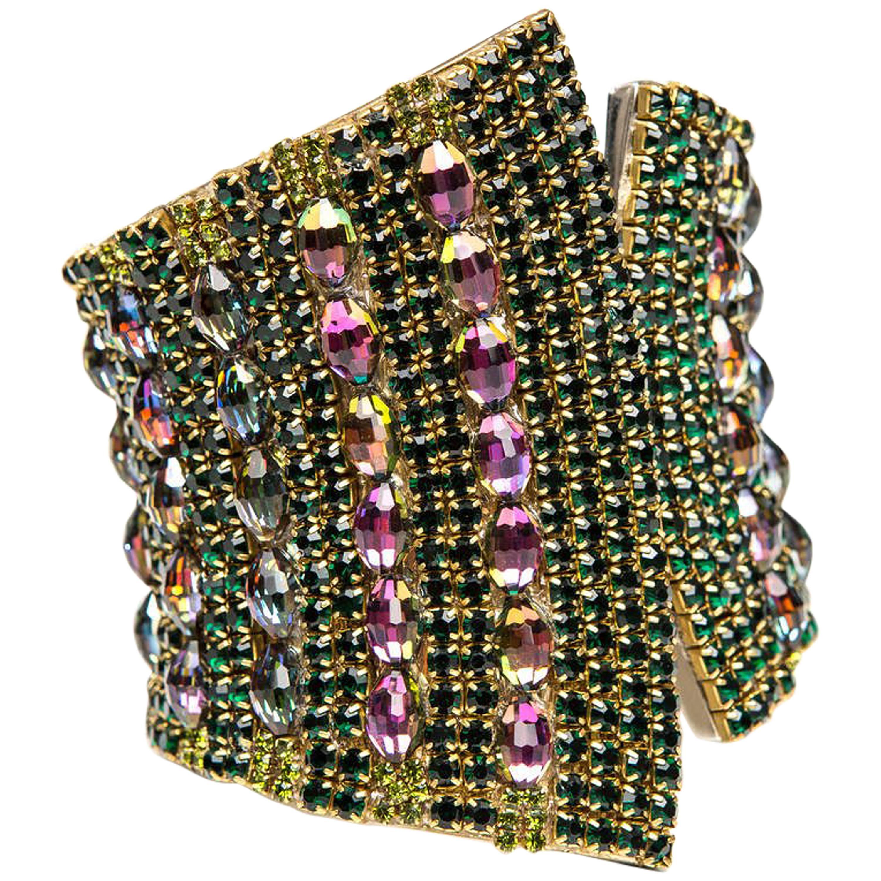  Handmade By Iris G Runway Emerald And Watermelon Crystal Clamp Cuff Bracelet For Sale