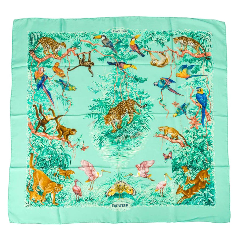 Hermes Scarf Equateur Wash Silk Twill Aqua Emeraude Fauve 90 nwt For Sale