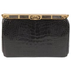 Retro Black Alligator Clutch, Black Mother of Pearl and Marcasite Frame