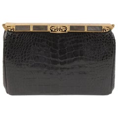 Vintage Black Alligator Clutch, Black Mother of Pearl and Marcasite Frame