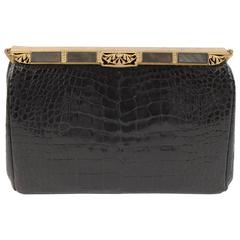Black Alligator Clutch, Black Mother of Pearl and Marcasite Frame 10