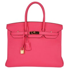 Birkin 35 Tasche Rosa Rose Lippenstift Togo mit Goldbeschlägen 