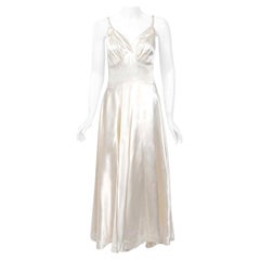 Vintage 1930's Ivory Satin Sculpted Plunge Rosette Appliques Bridal Slip Dress