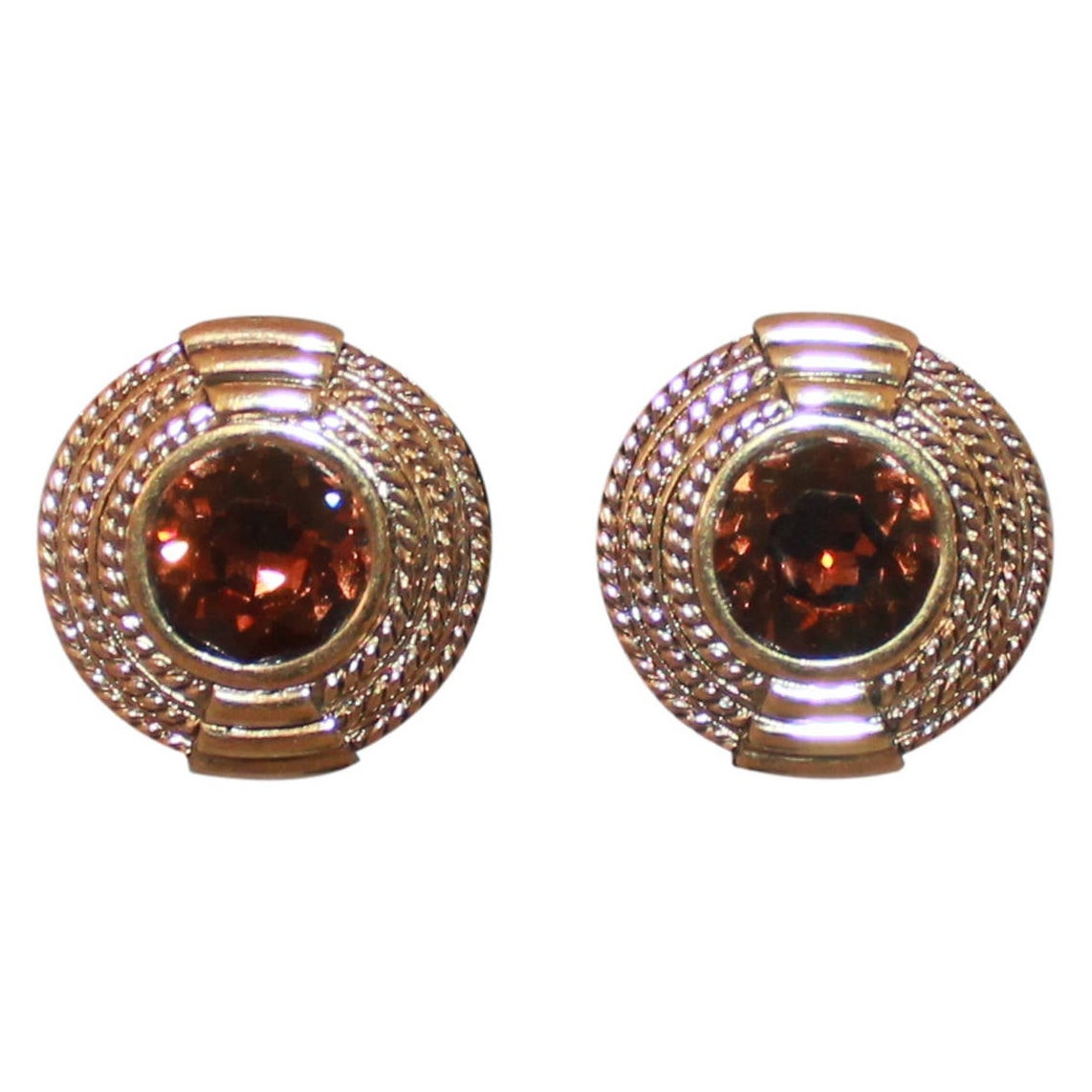 Vintage 1990s Ciner Gold Tone and Amber Tone Round Clip On Earrings For Sale