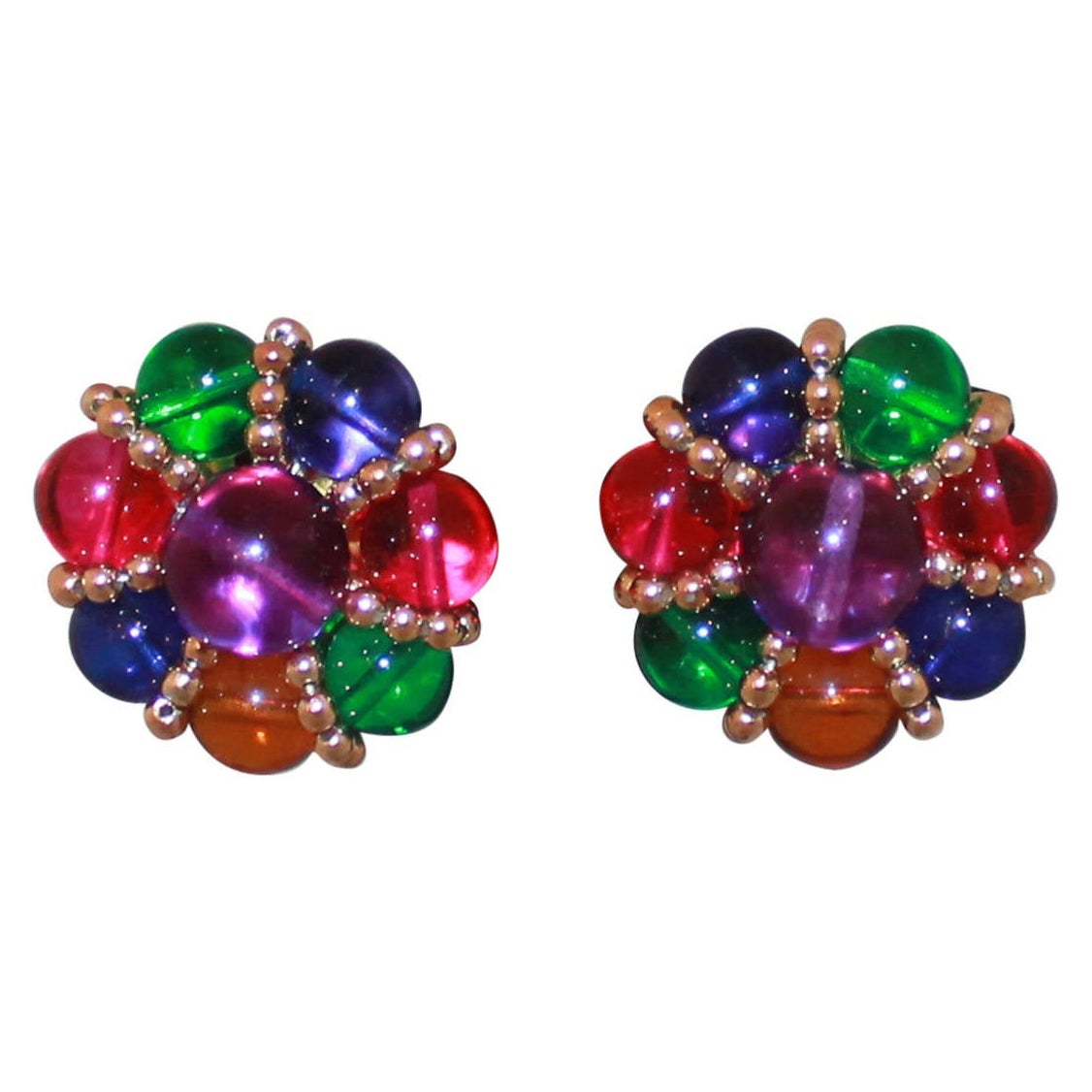 1980's Vintage Multi-Color Beaded Clip-on Earrings For Sale