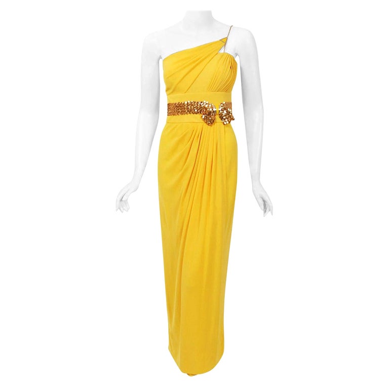 Vintage 1970's Jacques Cassia Couture Yellow Jersey One-Shoulder Draped Dress For Sale