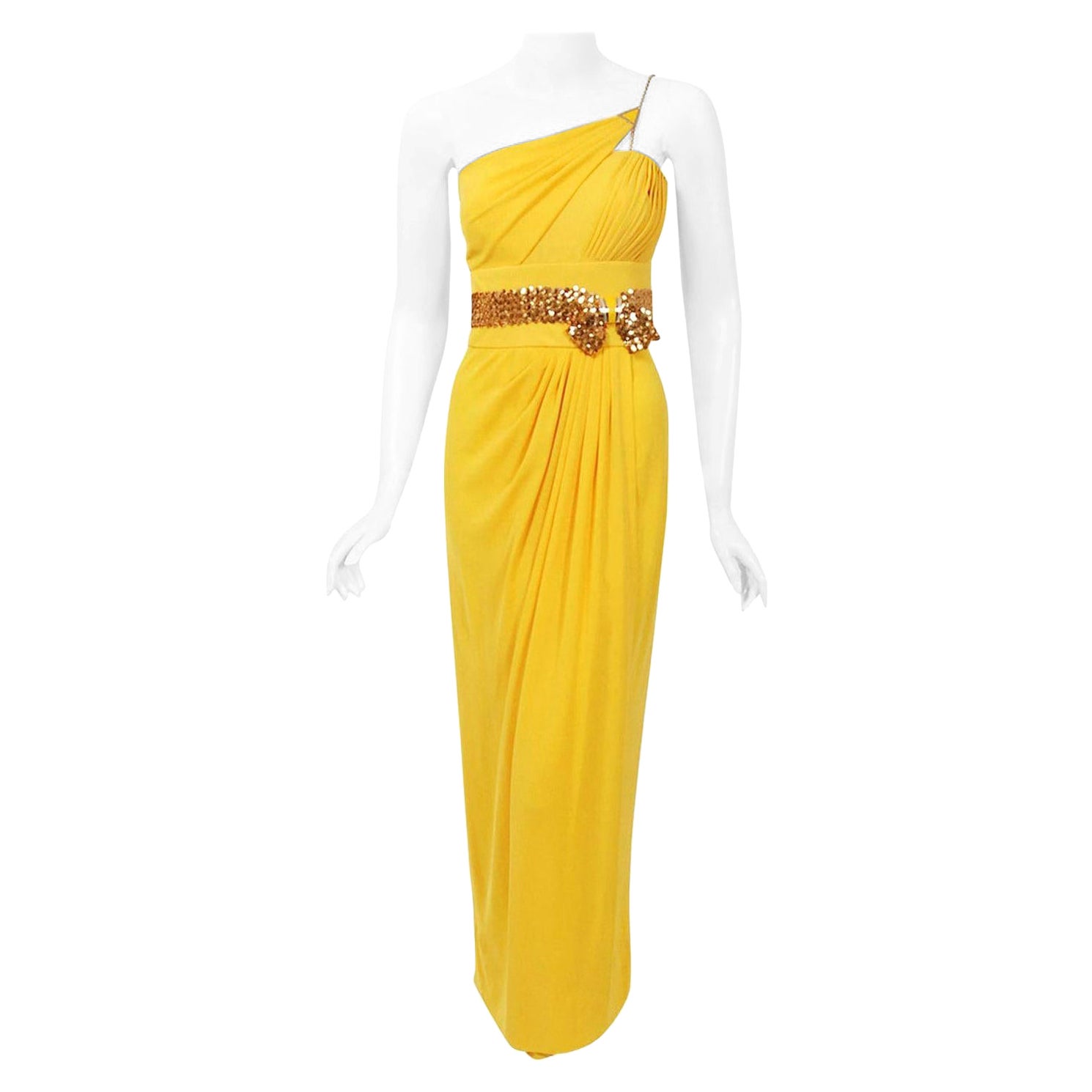 Vintage 1970's Jacques Cassia Couture Yellow Jersey One-Shoulder Draped Dress For Sale