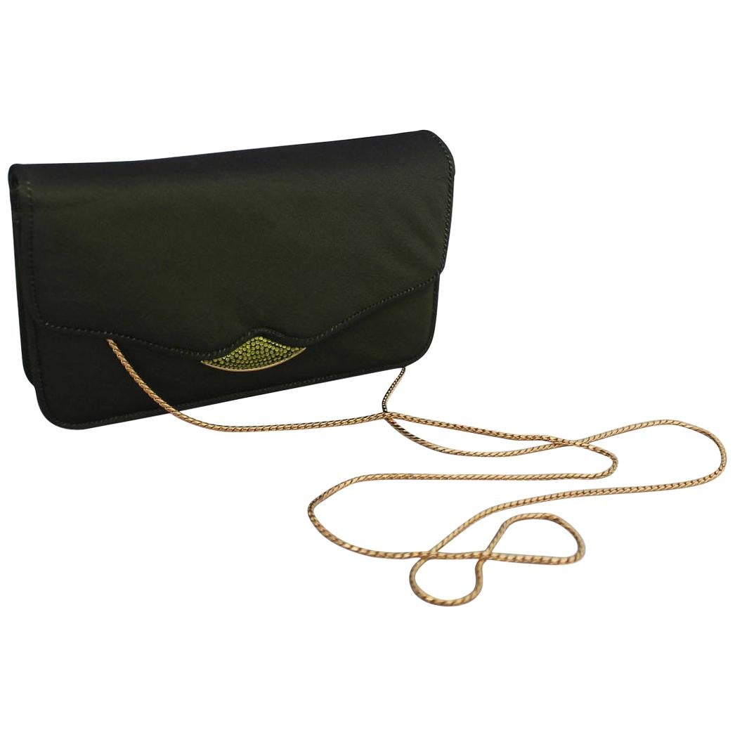 Judith Leiber Olive Satin Evening Bag & Clutch with Rhinestones For Sale