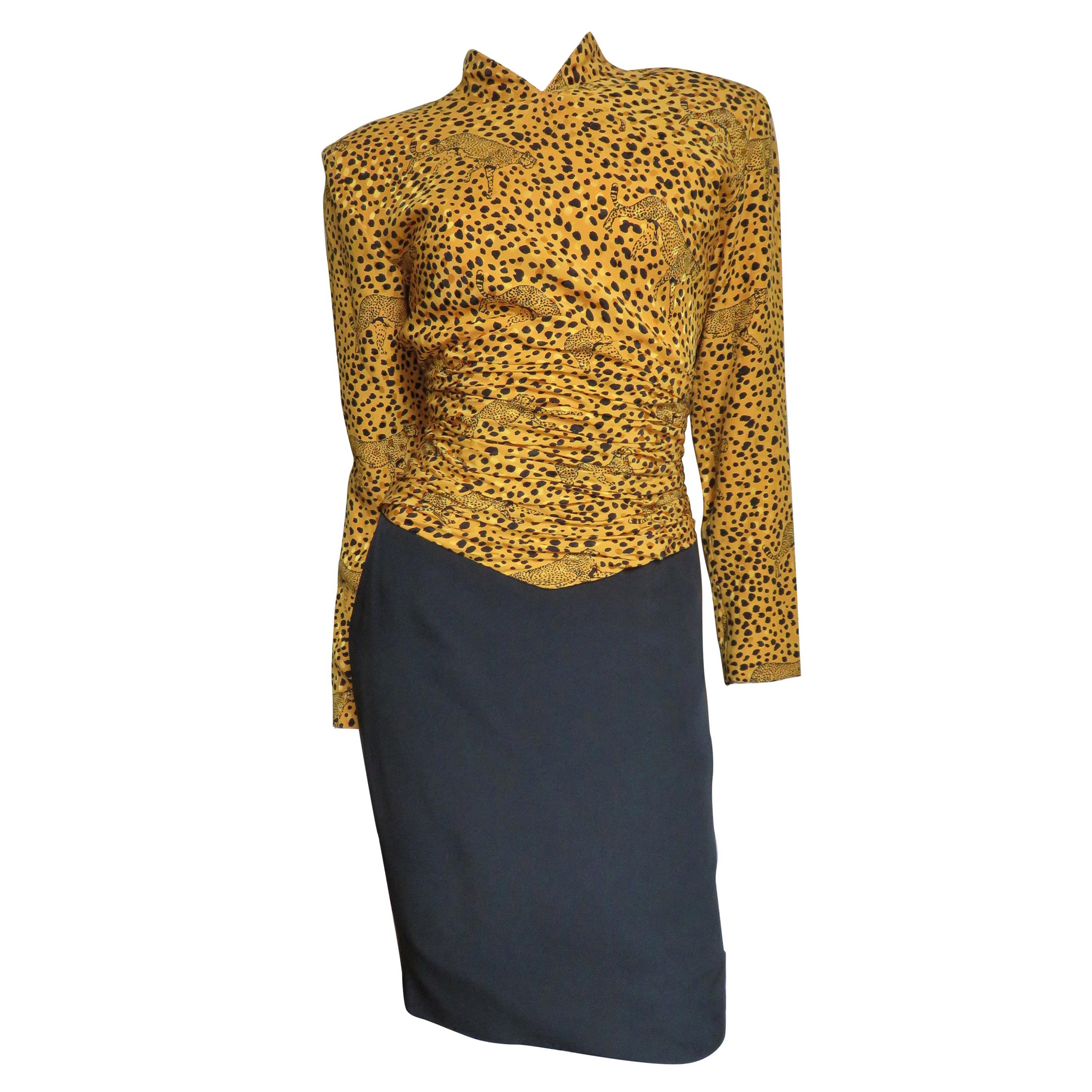 Vicky Tiel Couture Color Block Silk Dress with Leopards For Sale