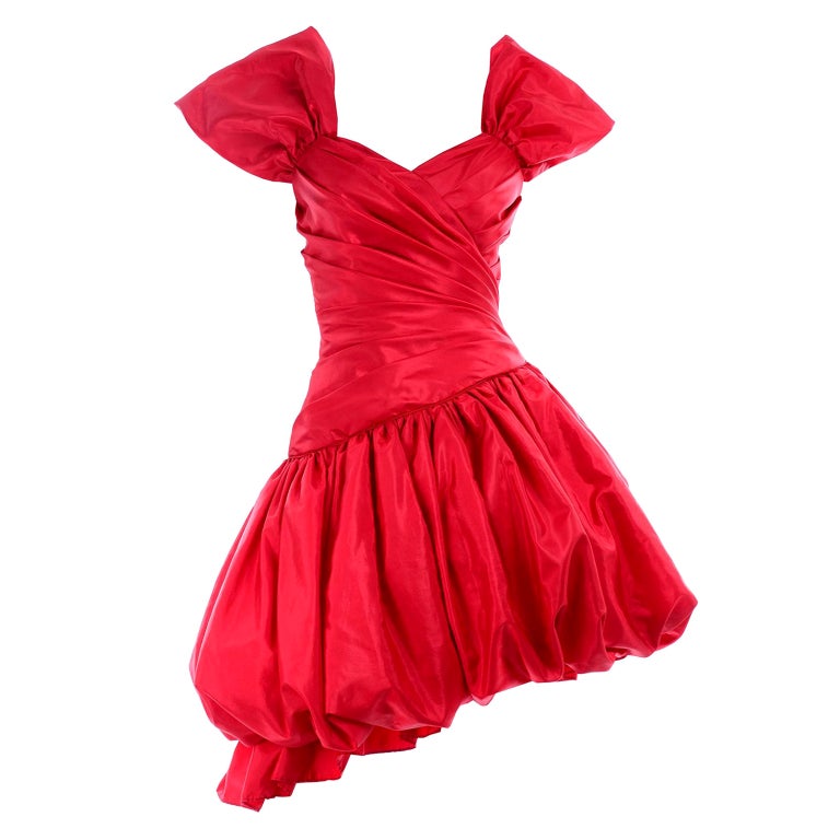 1980s Neiman Marcus Vintage Red Ruched Asymmetrical Party Dress W Puff ...