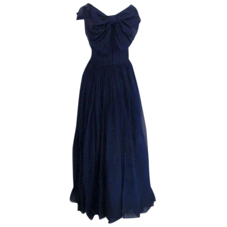CHRISTIAN DIOR New York Circa 1950 Navy Blue Chiffon Gown 