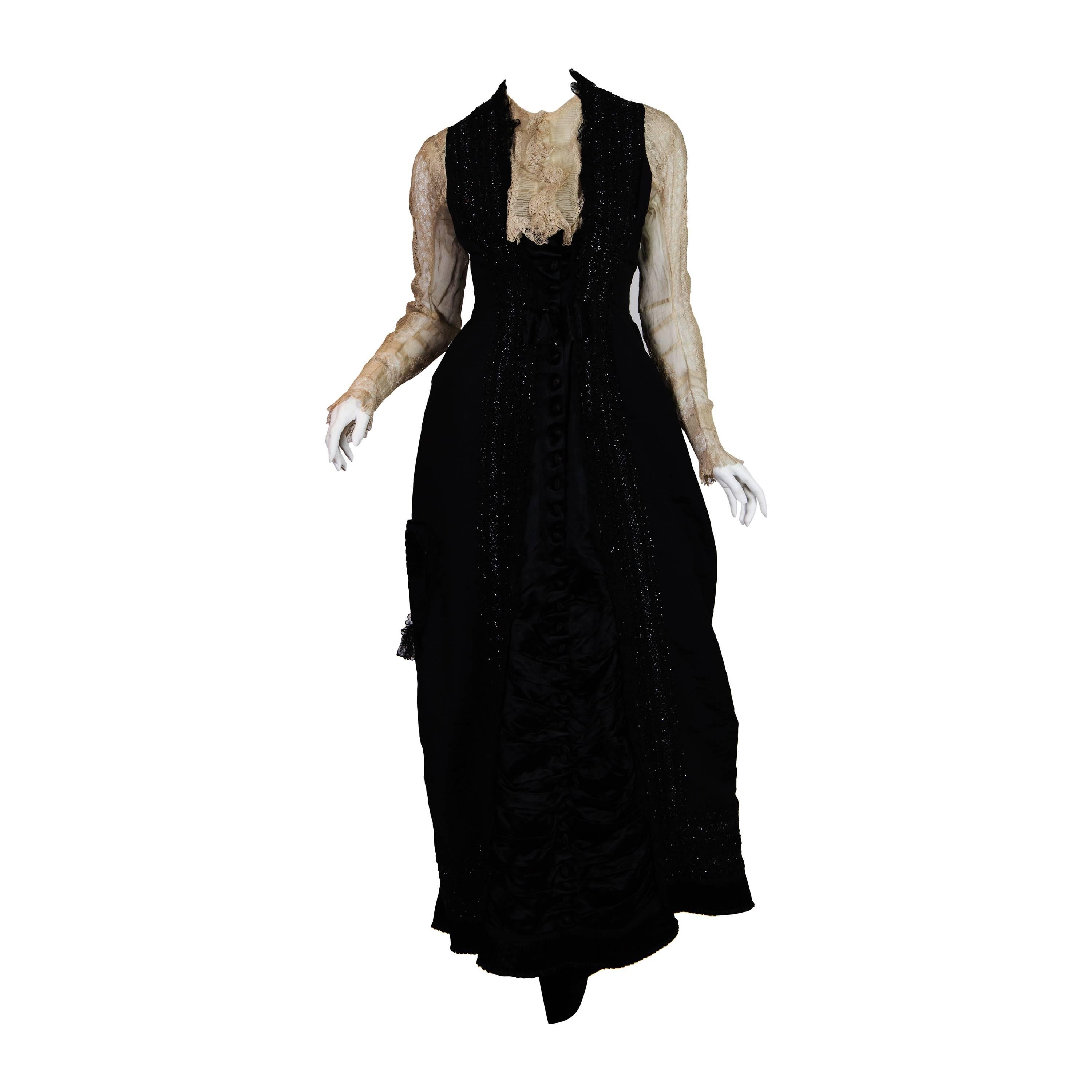 Victorian Black & White Haute Couture Silk Organdy 1880S Bustle Dress With Bead For Sale