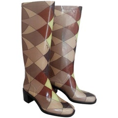 Emilio Pucci Brown & Green Printed Plastic Rain Boots with Box - 37