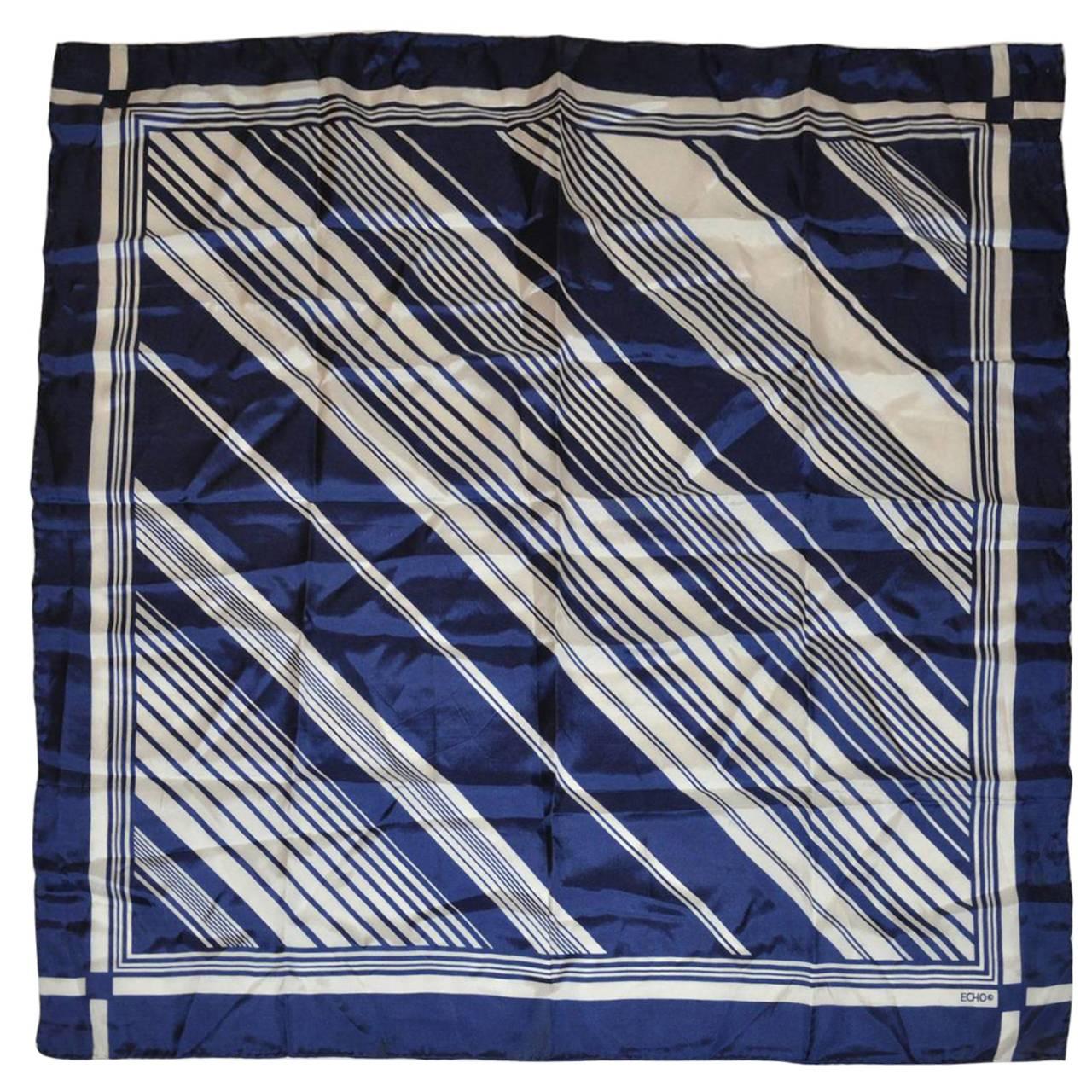 Echo Navy & Cream Abstract Silk Scarf with Hand-Rolled Edges For Sale