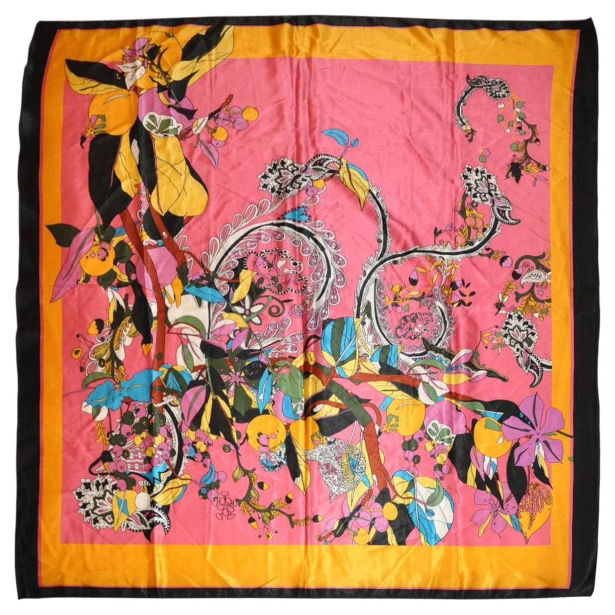 Wonderfully Whimsical Large Multi-Color Silk Crepe de Chine Scarf For Sale