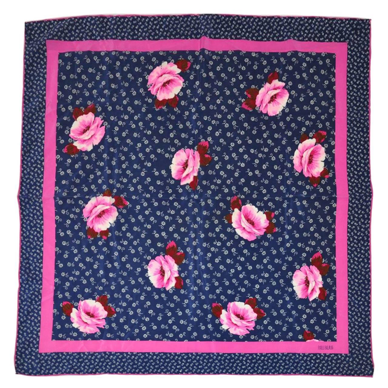 Bill Blass Fuchsia, Navy and White Floral Silk Scarf with Hand-Rolled Edges