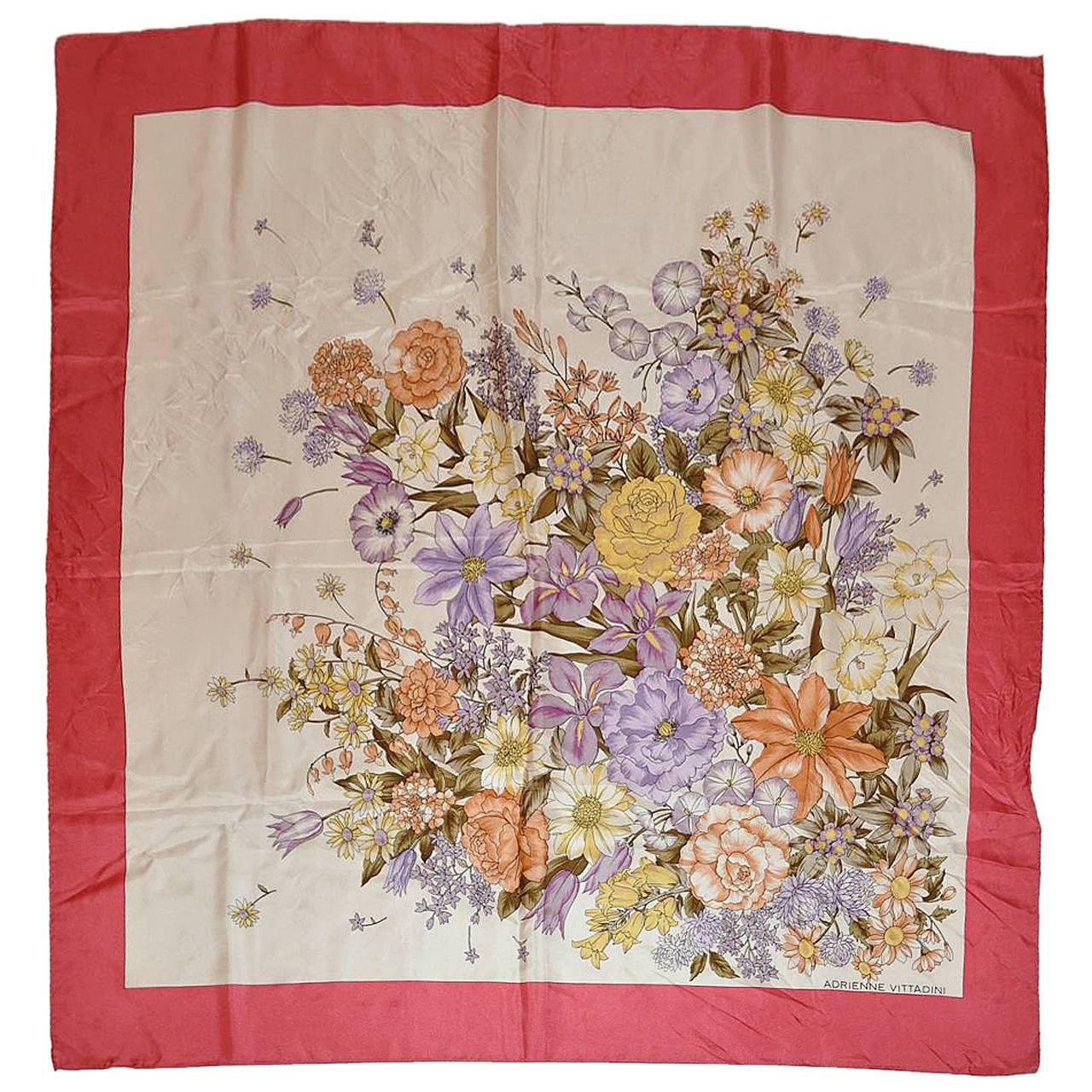 Adrienne Vittadini Multi-Color Floral Silk Scarf with Rose Borders For Sale