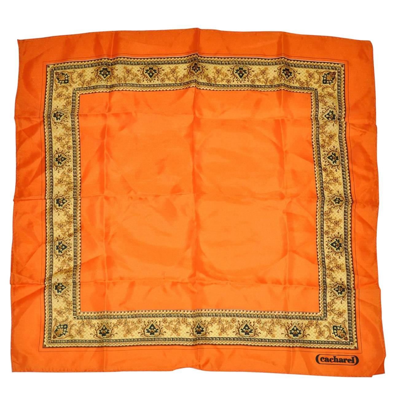 Cacharel Bold Tangerine with Floral Border Silk scarf For Sale