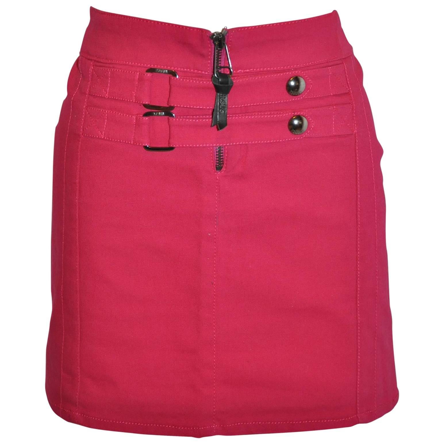 Gianni Versace Bold Fuchsia Stretch Buckled Detailing Mini Skirt For Sale