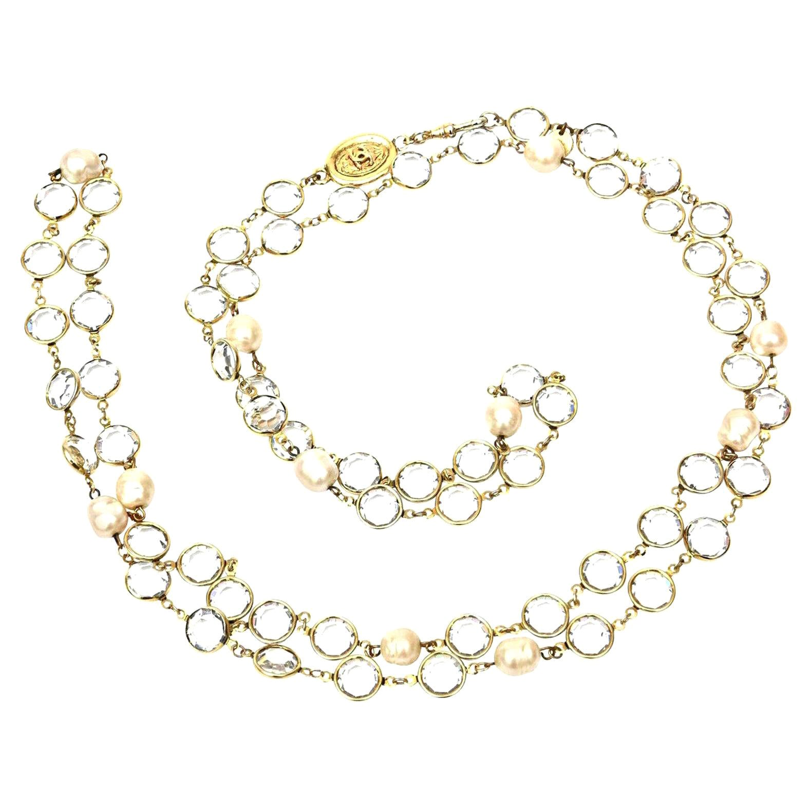 Chanel Vintage Faux Pearl and Bevel Clear Crystal Wrap Necklace For Sale