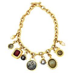 Roman Fab Coin Stone and Resin Dangle Link Chain Necklace Custom Signed Vintage