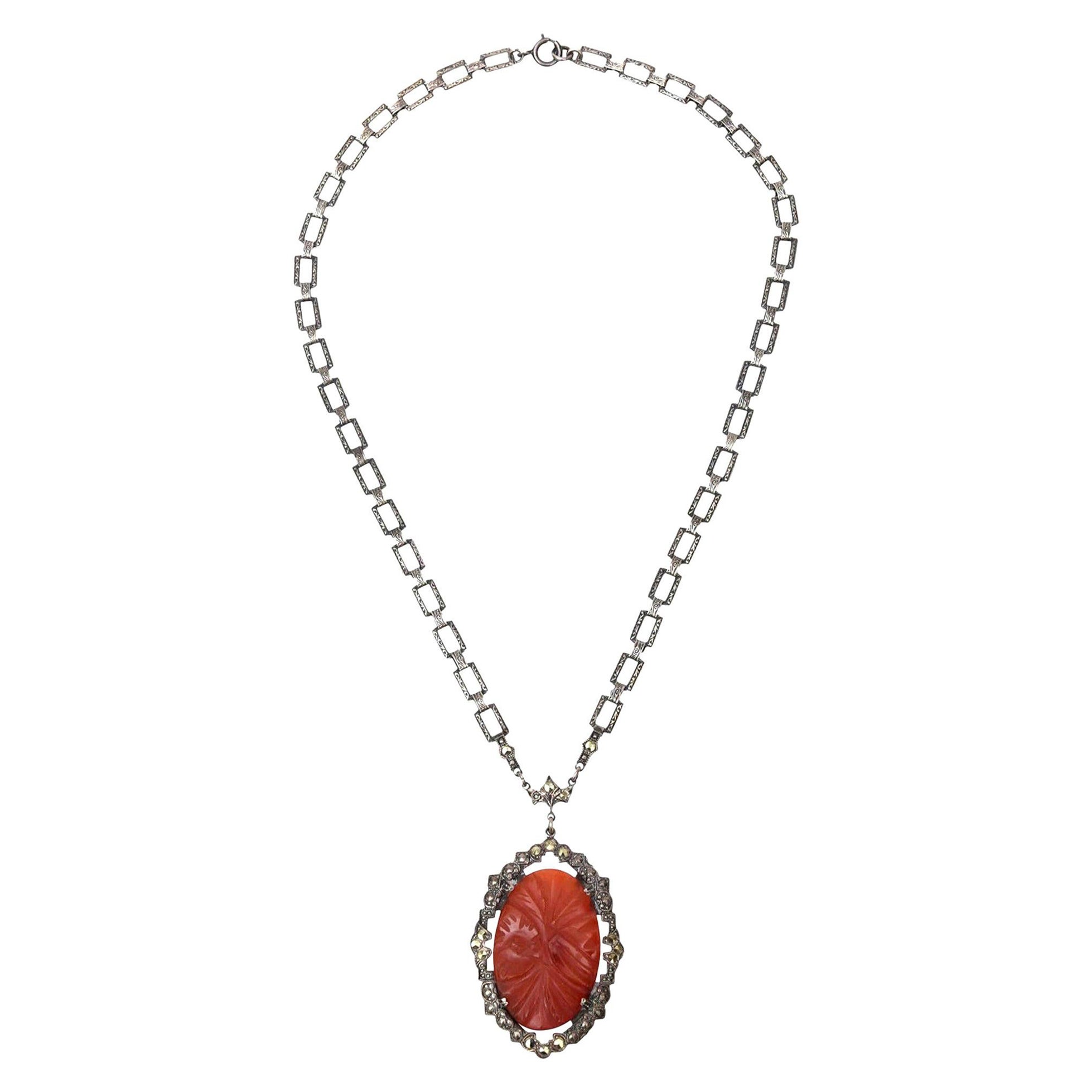 Art Deco Sterling Silver, Carnelian and Marquisette Necklace