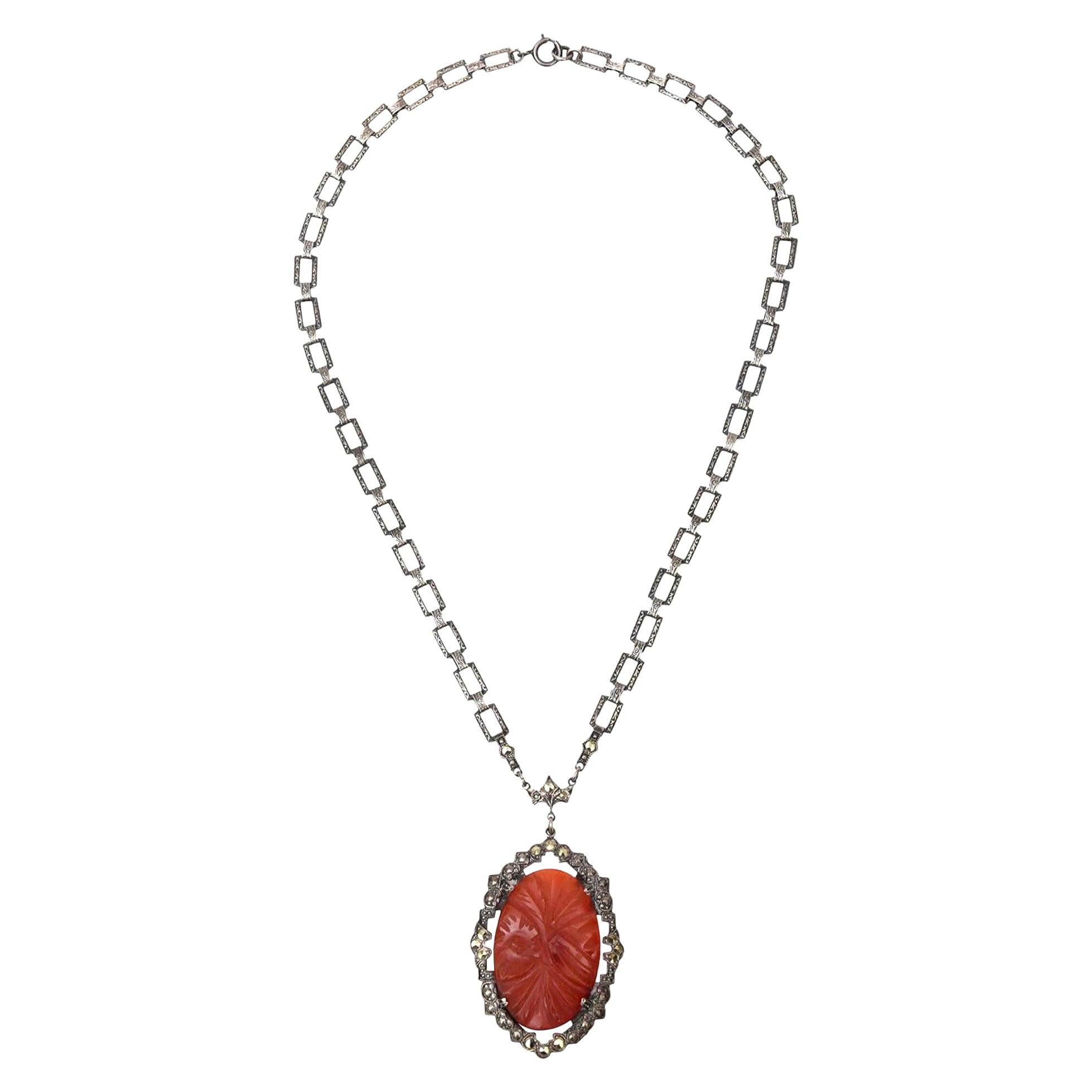 Vintage Art Deco Sterling Silver, Carnelian and Marquisette Necklace For Sale