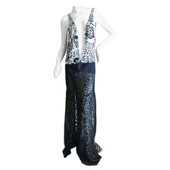 Roberto Cavalli Low Cut Black and White Leopard Print Silk Evening Dress