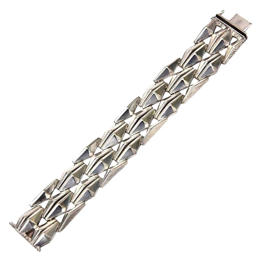 Italian Vintage Sterling Silver Geometric Row Link Bracelet 