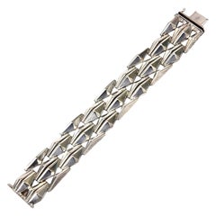 Italian Used Sterling Silver Geometric Row Link Bracelet 