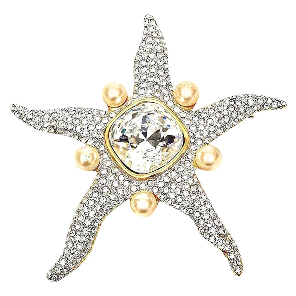 Valentino Faux Pearl and Glass Rhinestone Starfish Runway Pin / Brooch Vintage For Sale