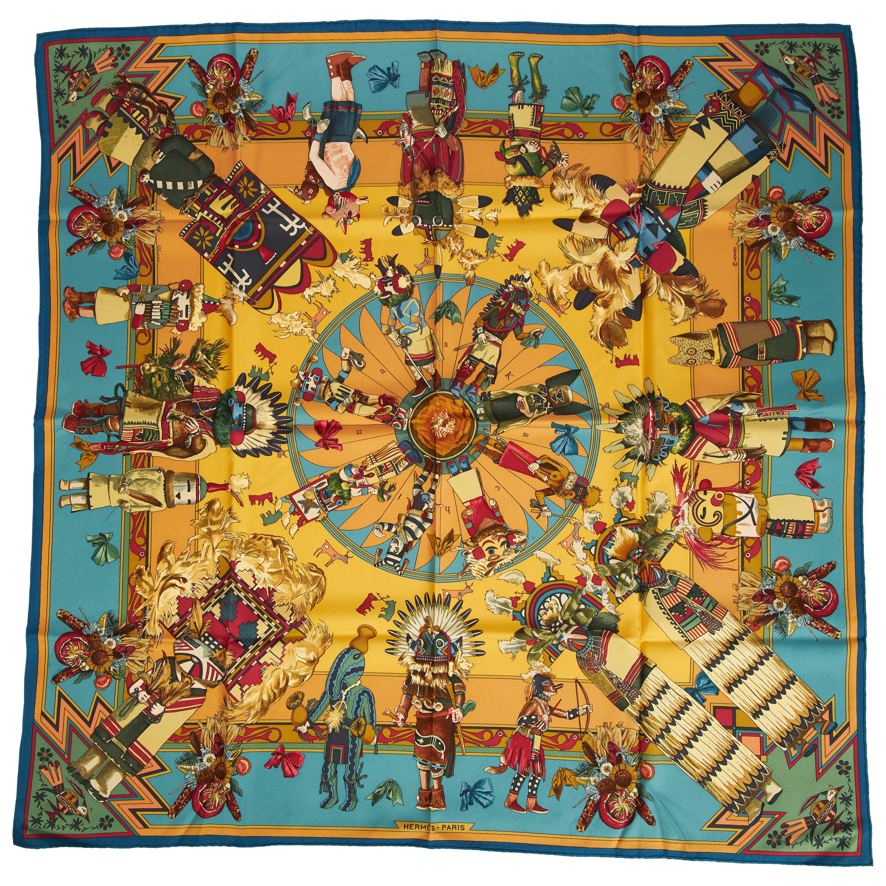New Hermes Silk Kachinas Blue Yellow Scarf For Sale