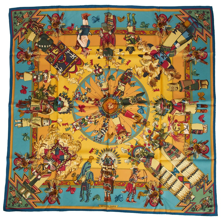 New Hermes Silk Kachinas Blue Yellow Scarf For Sale at 1stDibs | blue ...