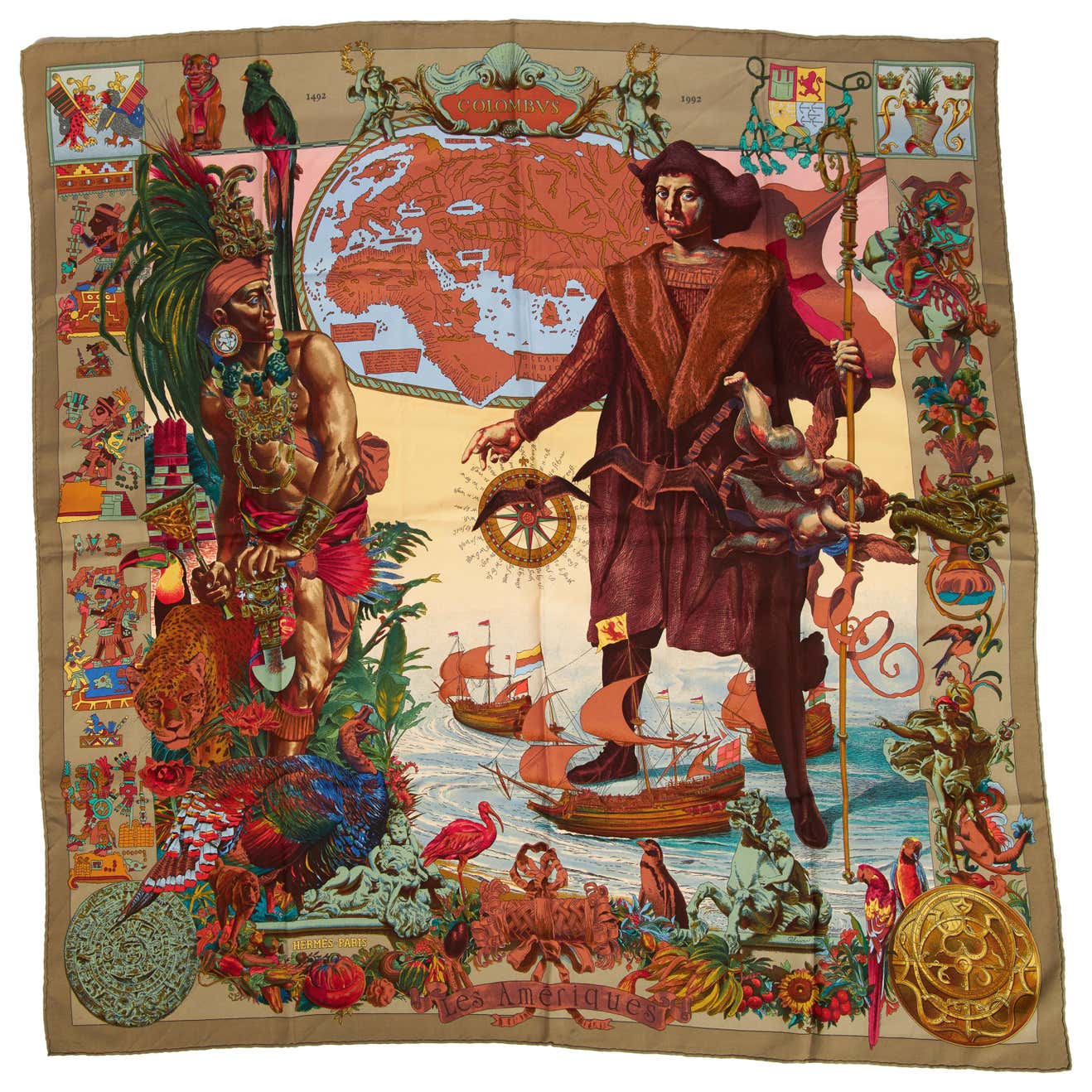 New Hermes Silk Colombus Taupe Orange Scarf For Sale at 1stDibs