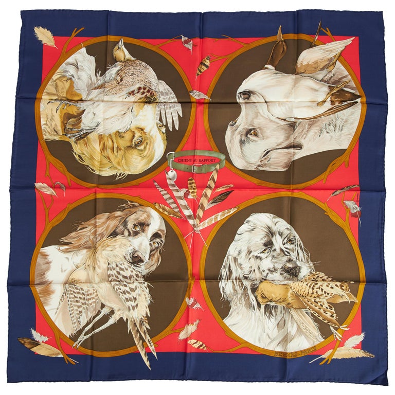 Foulard Carré En Soie Bayron Vintage Motif Chiens - 85x85 Cm, Occasion Avec Taches