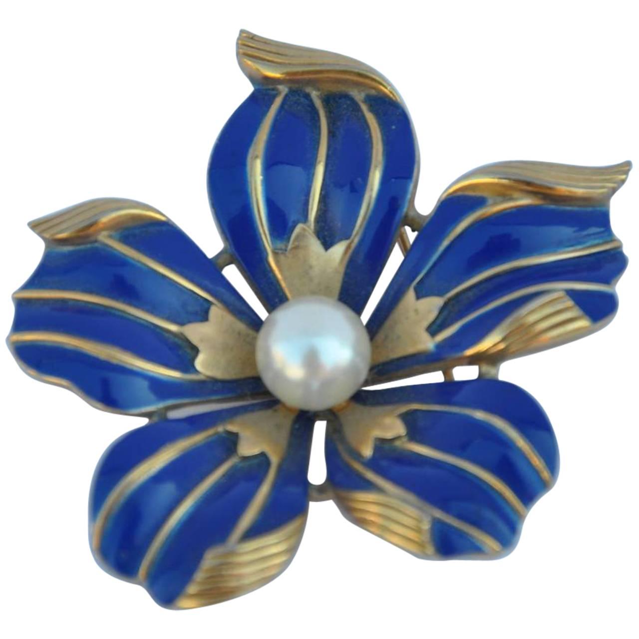 Large Trifari Gold with Navy Enamel and Pearl Floral Brooch For Sale