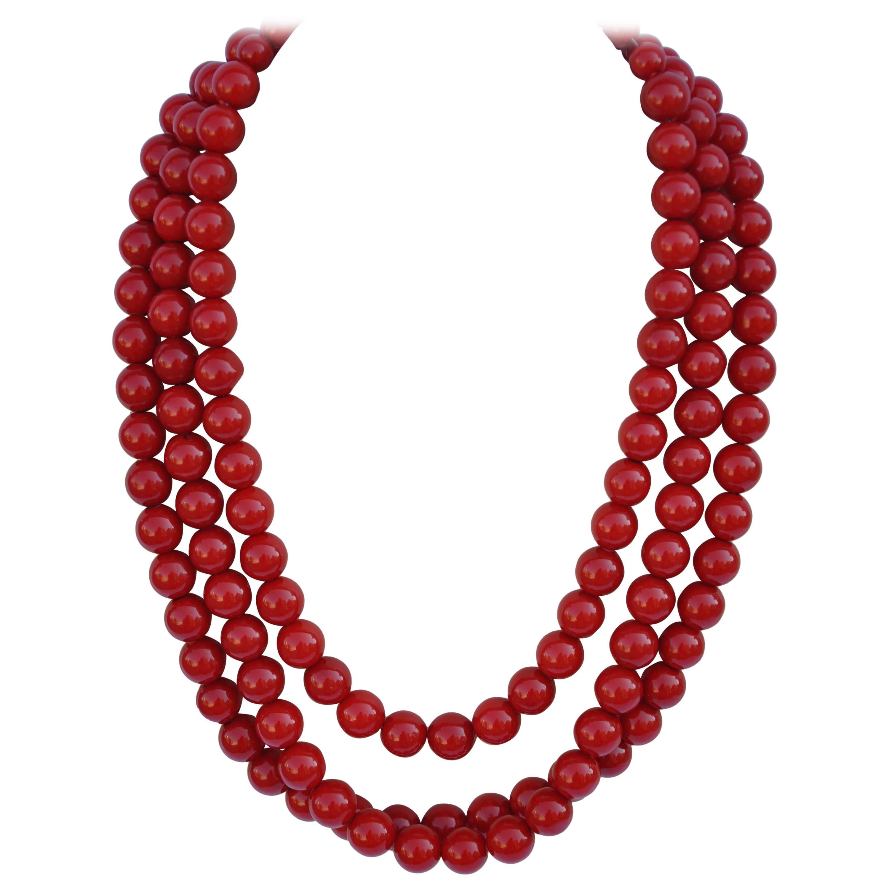 Bold Triple-Strand Blood-Red Necklace