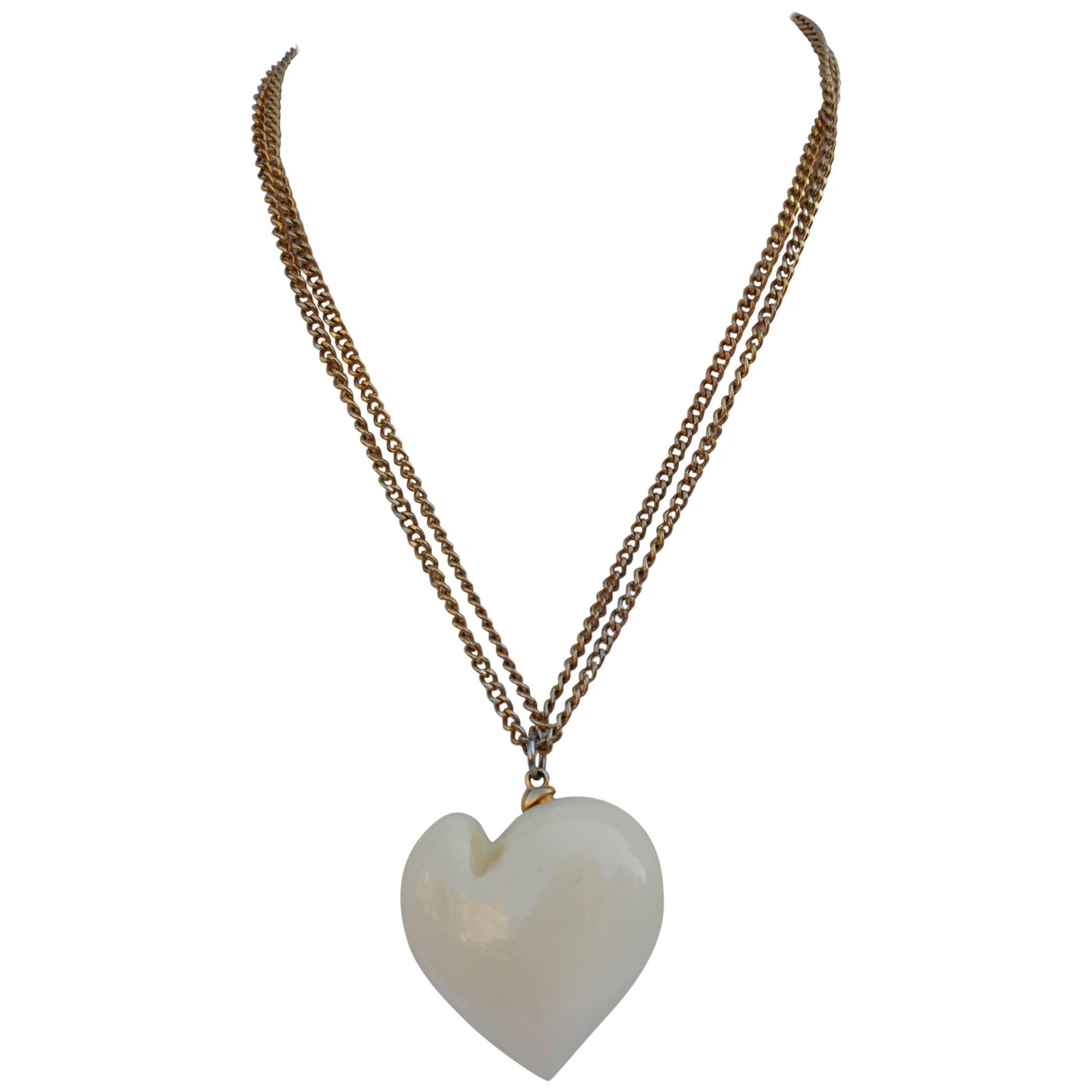 Signed Kenneth Jay Lane Huge Cream Lucite Heart & Gold Tone Link Chain For Sale