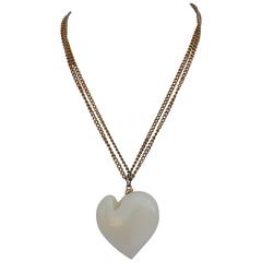 Signed Kenneth Jay Lane Huge Cream Lucite Heart & Gold Tone Link Chain