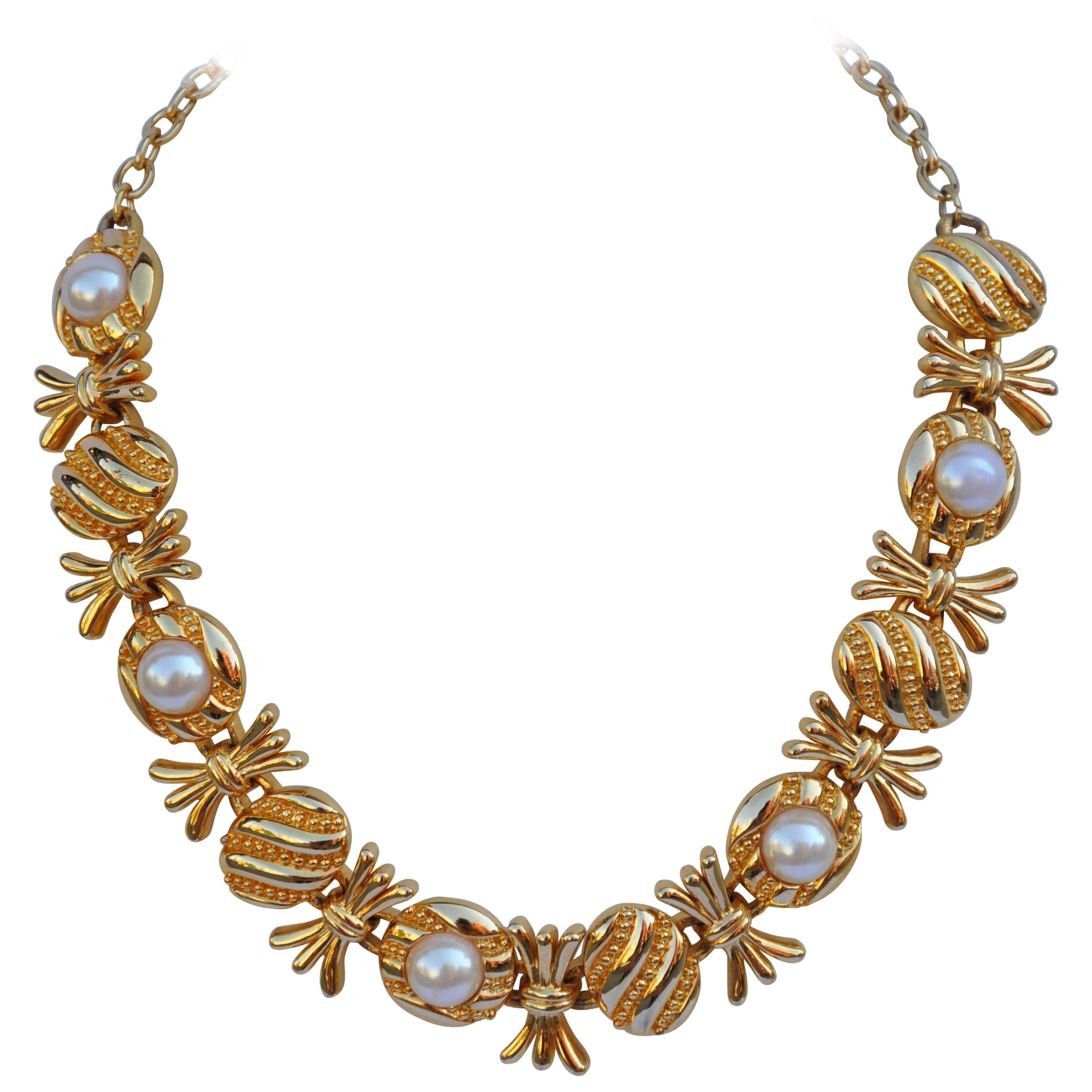 Thick Vermeil Gold Hardware with Pearl Necklace For Sale