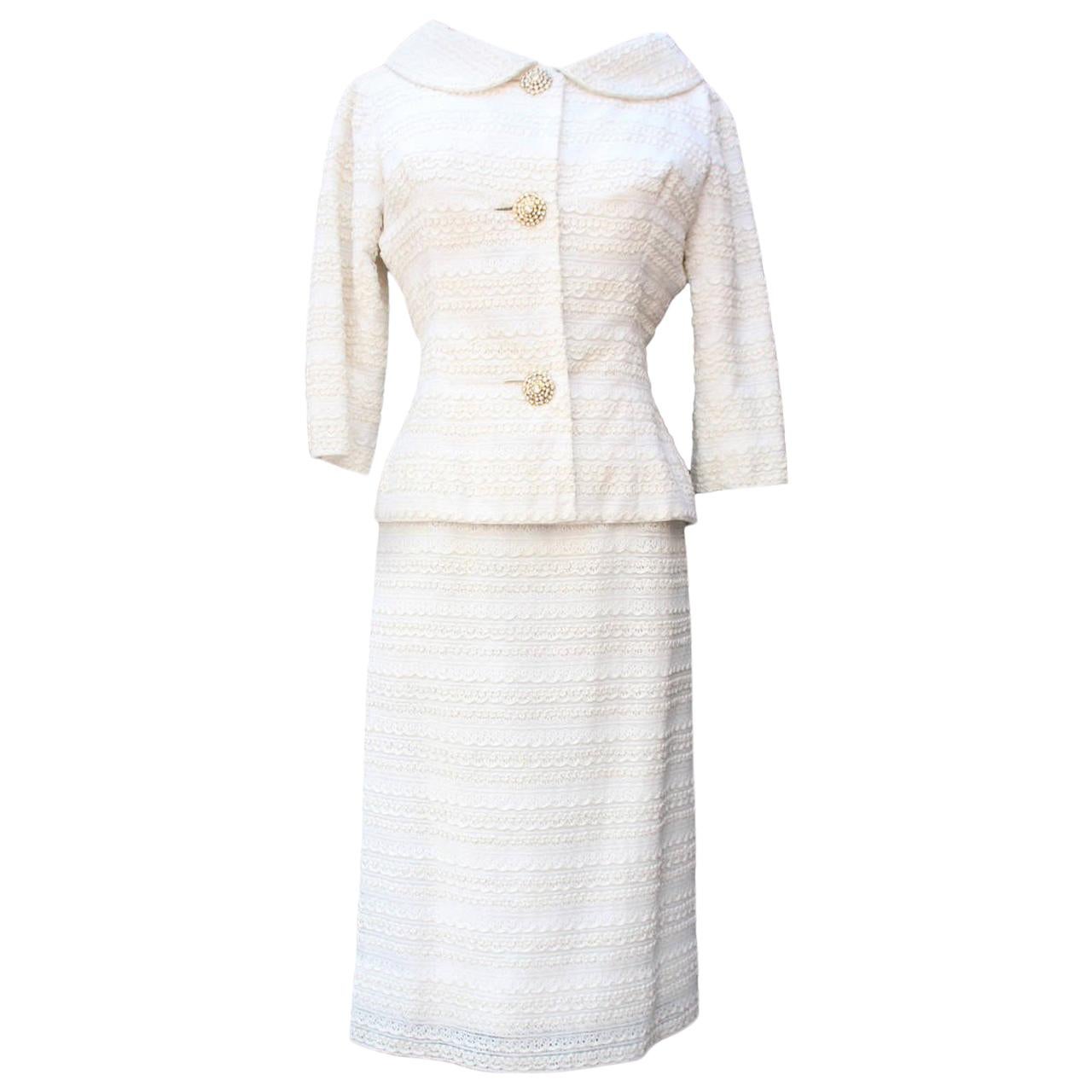 1961 Carven Haute Couture White Lace Dress and Jacket Ensemble im Angebot