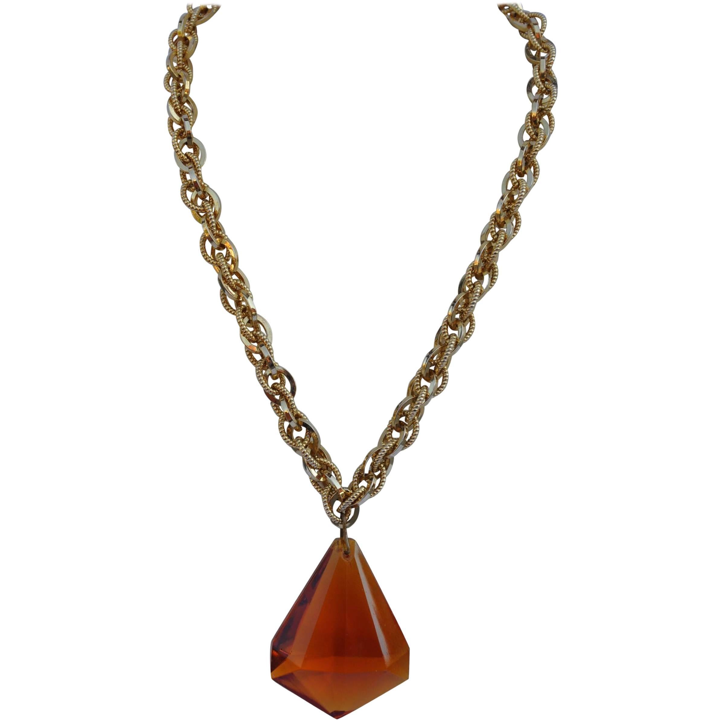 Large Amber-Tone Lucite "Diamond" Pendant & Gilded Gold Necklace For Sale