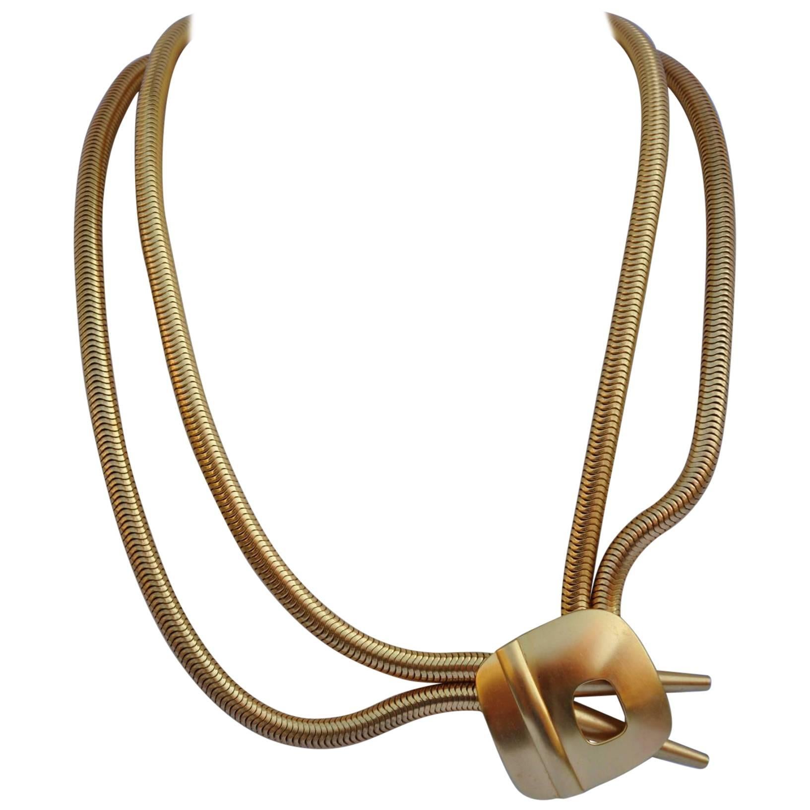 Bold Gilded Gold Snake Necklace with Abstract Pendant For Sale