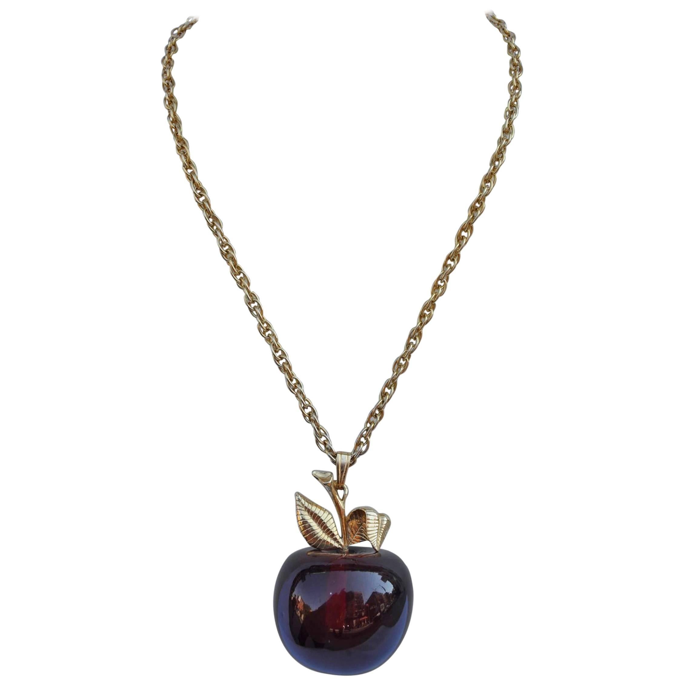 Huge Lucite "Apple" with Gold Necklace For Sale