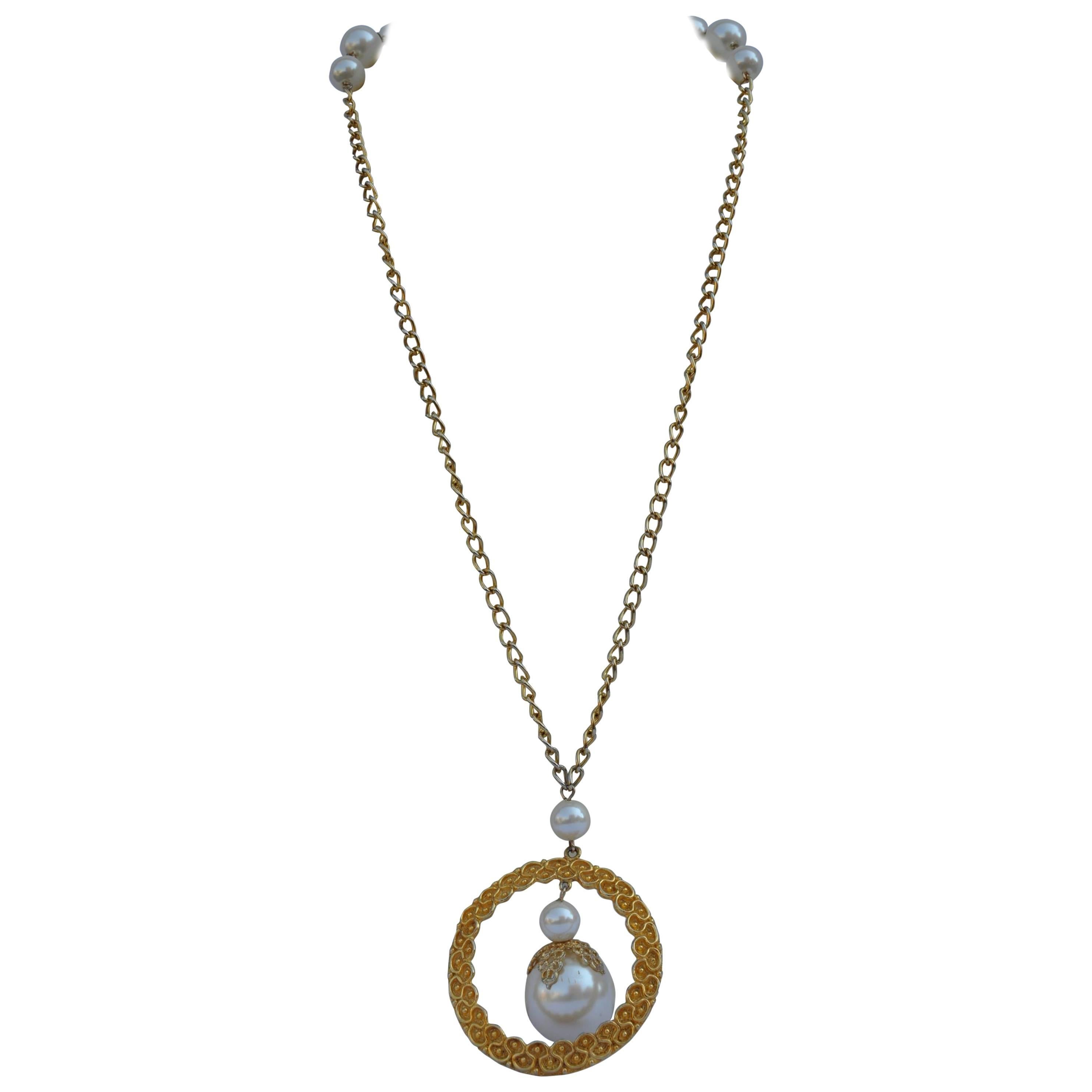 Large Circular Pendant with Large Center Pearl Necklace For Sale