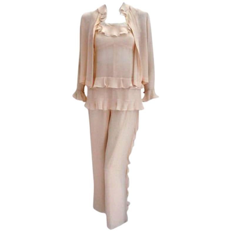 Chanel Two Piece Ivory Silk Blouse and Pant set, Circa 2000