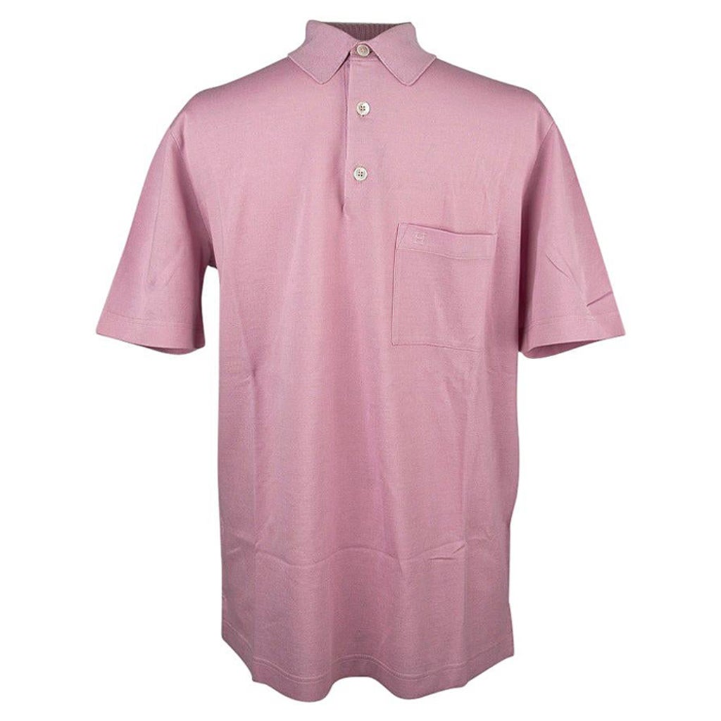 Hermes Men's H Embroidered Polo Shirt Rose Clair Cotton Short Sleeve L For Sale