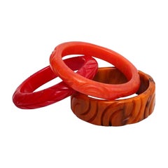 Art Deco Bakelite Carved Bangle Red, Amber, Orange Bracelets Set of Three